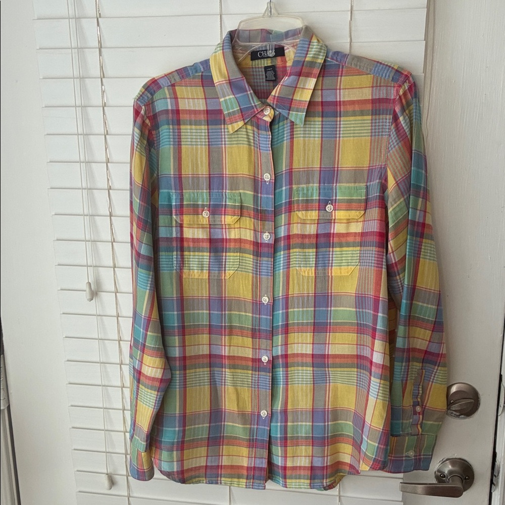 Chaps Plaid Shirt Top Long Sleeve Cotton Button Down SZ L Purple Blue Yellow